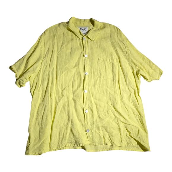 Flax Bright Yellow 100% Linen Collared Short Sleeve Oversized Button Up Shirt M - Picture 1 of 4
